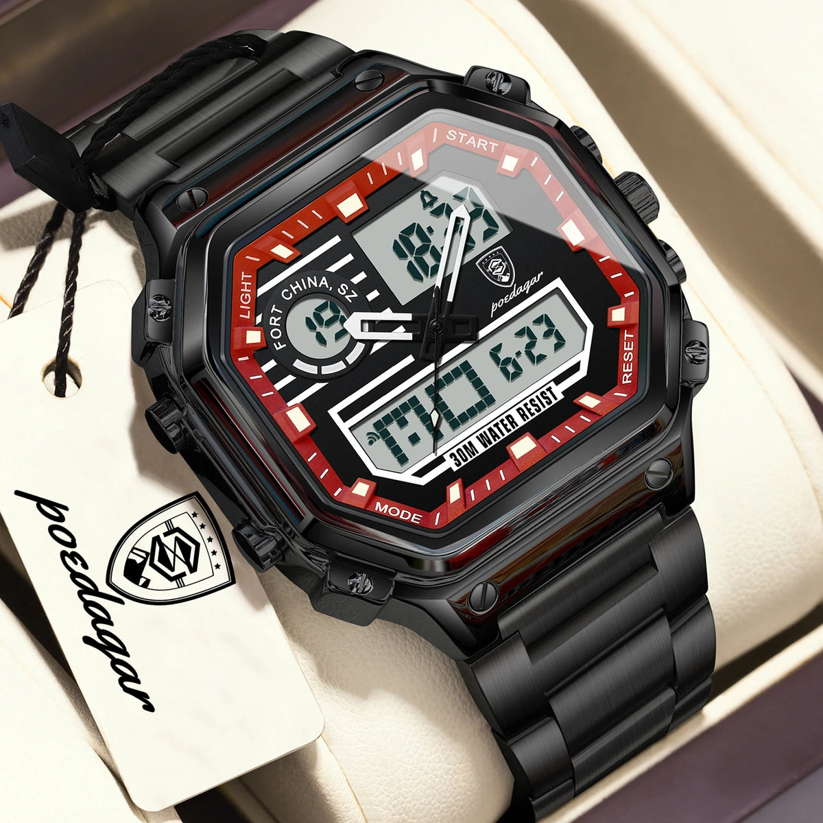 POEDAGAR Functional Men Wristwatch Waterproof Luminous Stainless Steel LED Man Watch Week Date Electronic Men's Quartz Watches