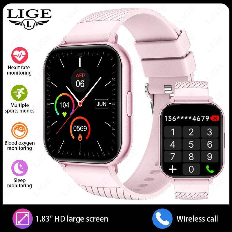 Reloj inteligente deportivo de moda LIGE con Bluetooth, oxígeno en sangre, frecuencia cardíaca, compatible con llamadas de voz Bluetooth, pantalla LCD, regalo para hombres y mujeres 2025