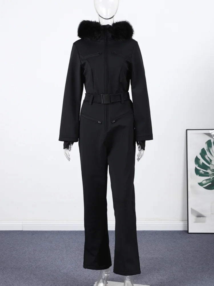 Mono de esquí casual con capucha y ribete de piel para mujer, a la moda, con cinturón, ajustado, de manga larga, cálido, para invierno 2026