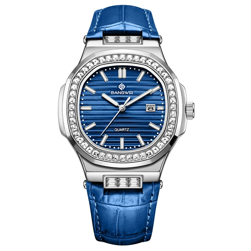 Reloj de cuarzo para mujer BANGWEI, nuevo diseño, elegante y de lujo, esfera sencilla con diamantes, retro, de cuero, con fecha, resistente al agua y luminoso.