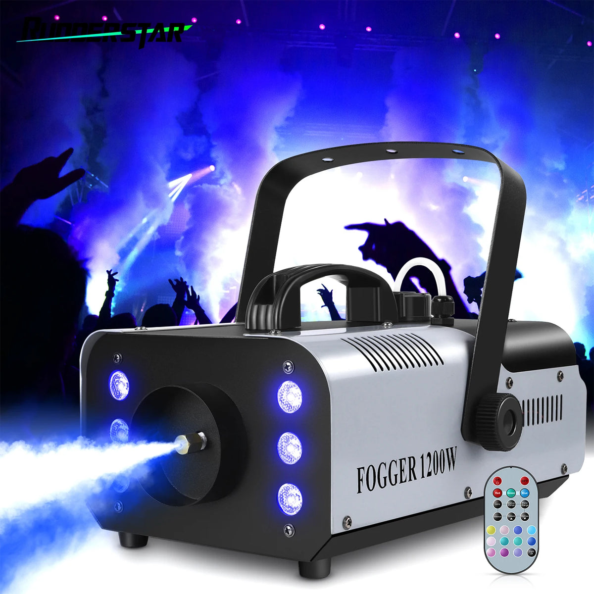 Máquina de humo de 1200 W con iluminación LED RGB de 6 focos, control remoto, generador de niebla para escenarios, discotecas, fiestas y bodas