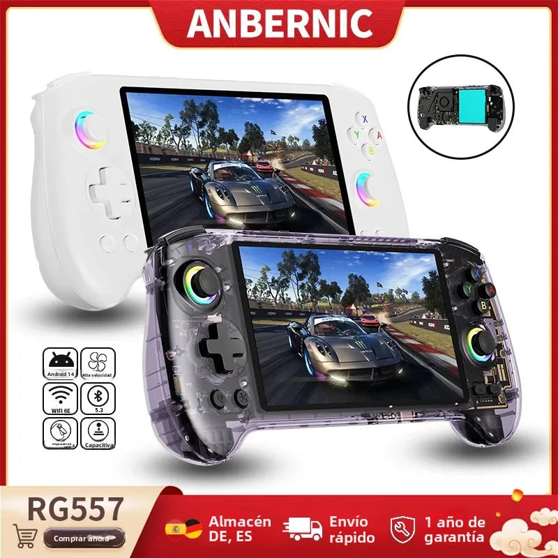 Consola de Juegos Portátil Anbernic RG557, Pantalla AMOLED de 5.48'', Android 14, Batería de 5500 mAh, Reproductor de Videojuegos, Compatible con Streaming, WIFI, IA y Bluetooth