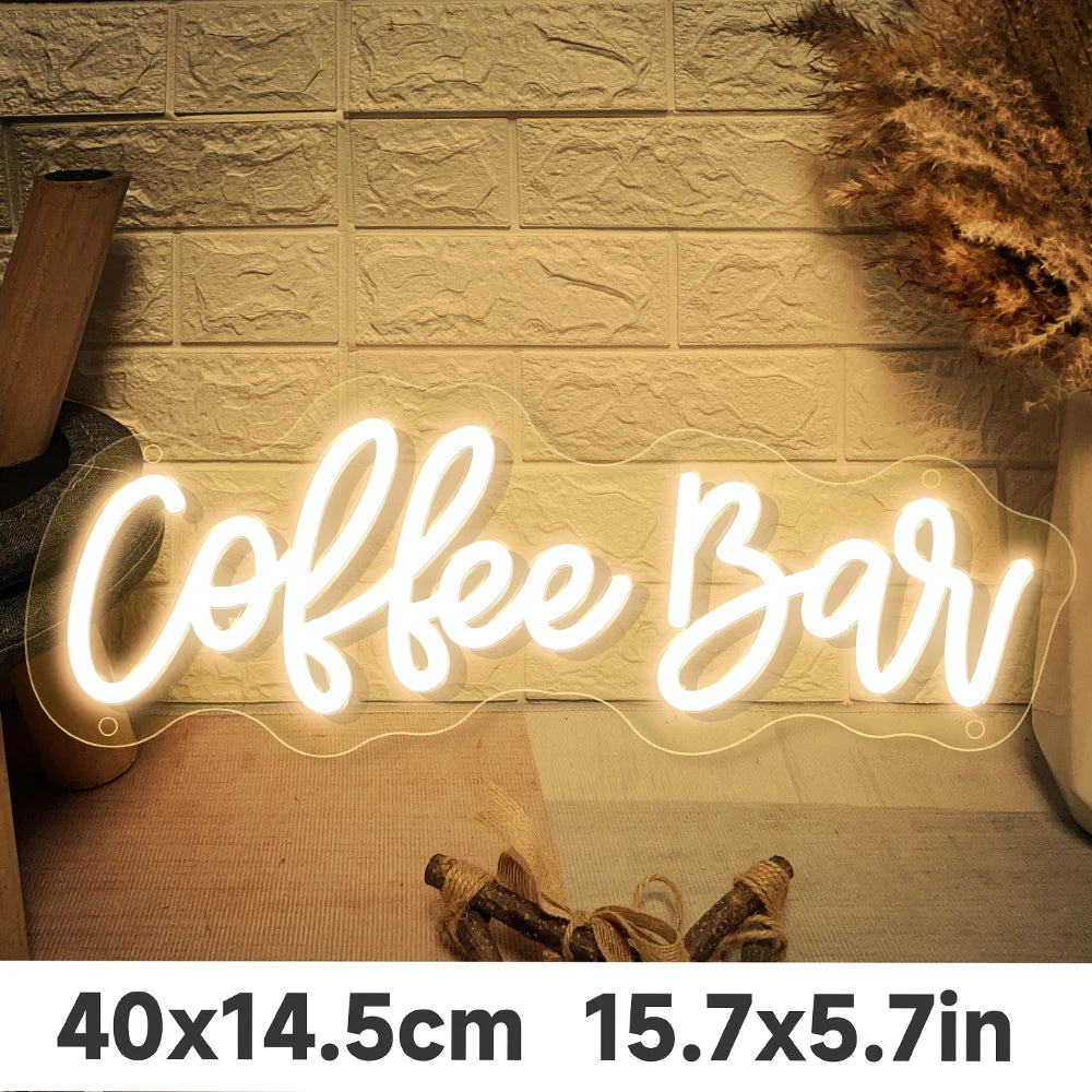 Letrero neón LED con texto «Coffee bar» en blanco cálido