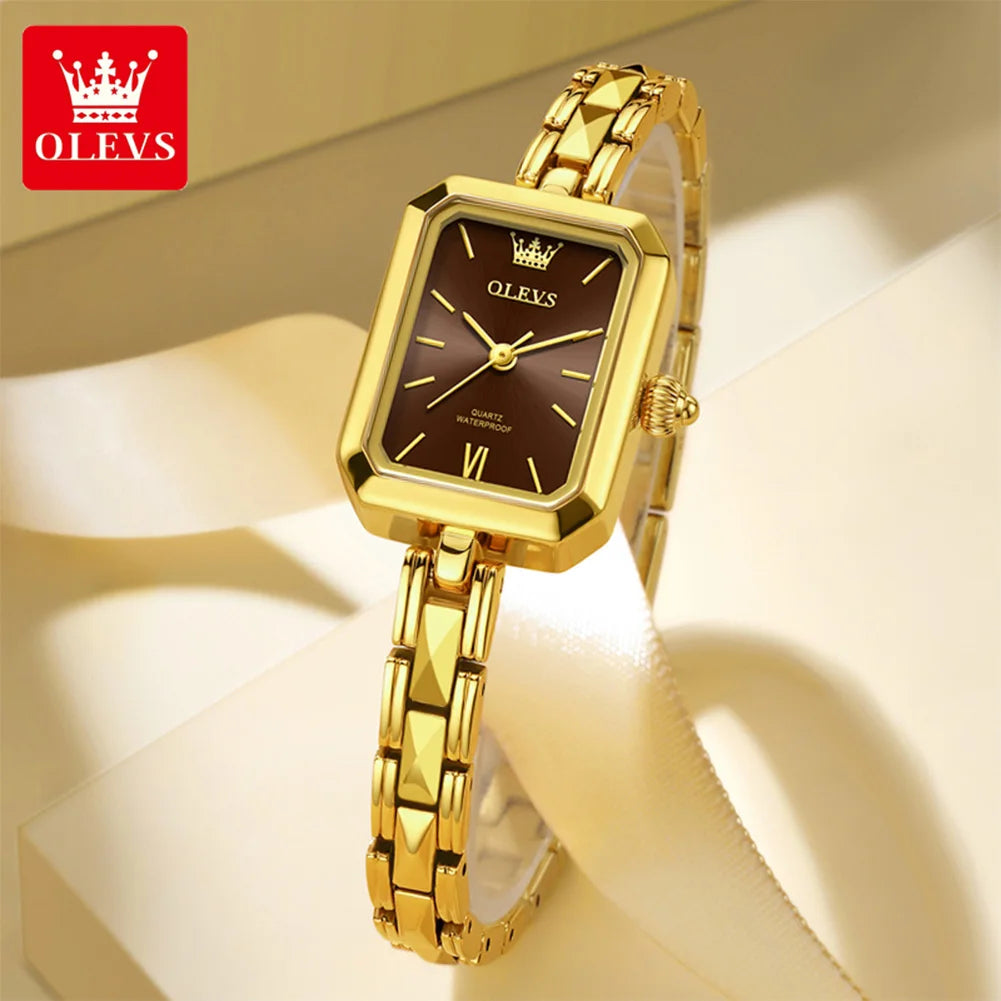 OLEVS Fashion Rectangle Women Watches Luxury Stainless Steel Gold Bracelet Analog Quartz Wristwatch For Ladies Clock Reloj Mujer