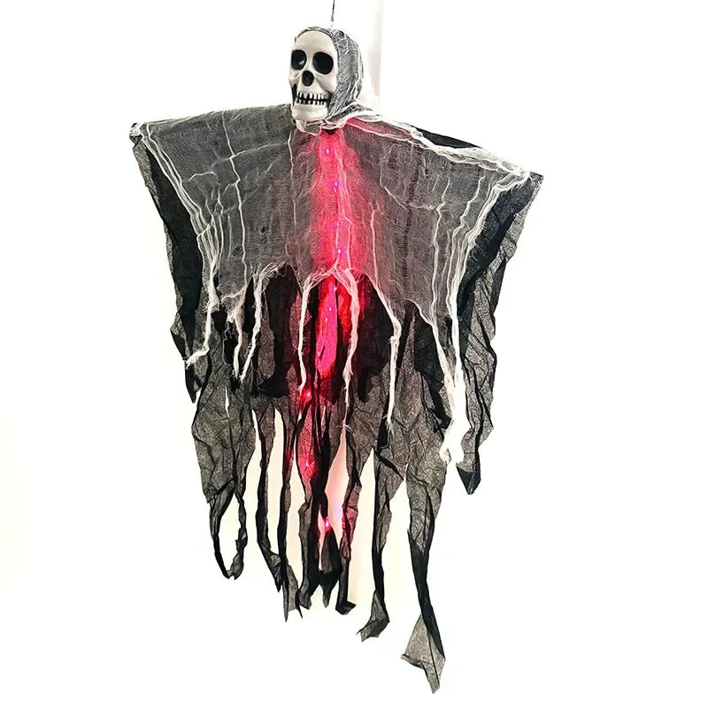 1 unidad de calavera iluminada con esqueleto y gasa, fantasma colgante, accesorio de Halloween, decoración festiva para fiestas temáticas y decoración de ambiente.