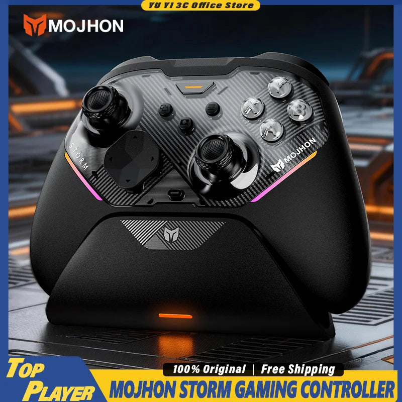 Controlador inalámbrico para juegos MOJHON Storm, tres modos (BT/2.4G/alámbrico), joystick TMR sin deriva, gatillos mecánicos y 4 botones traseros