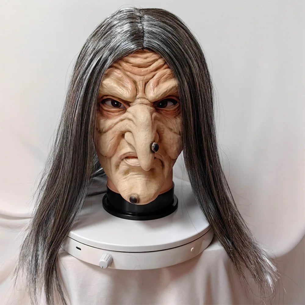 Cubierta de cabeza de bruja de látex para Halloween, banda elástica de pelo largo, suave de abuela máscara facial, tocado de Cosplay General para damas mayores, Casa Encantada