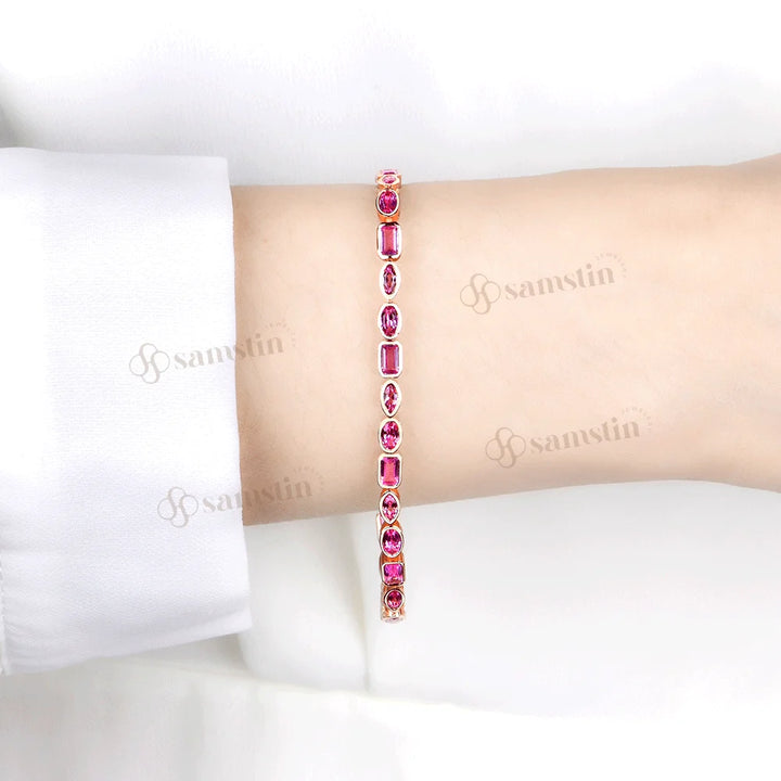 Pulsera de Tenis Kuololit con Zafiro Rosa y Esmeralda Marquise Oval de Laboratorio de 10CTW para Hombre y Mujer, Pulsera de Oro de 14K y 10K para Compromiso o Navidad