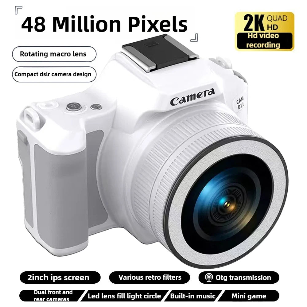 Mini cámara digital DSLR 2K Ultra alta definición 48 megapíxeles con cámaras duales, cámara CCD para selfies con luz de relleno de belleza