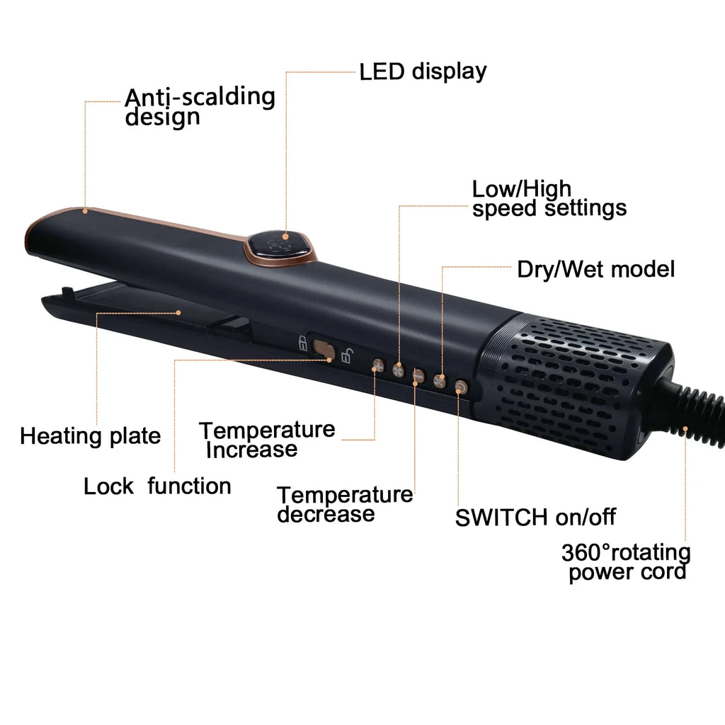 Plancha de pelo y secador profesional 2 en 1, plancha plana de calentamiento, soplador de flujo de aire recto de doble propósito