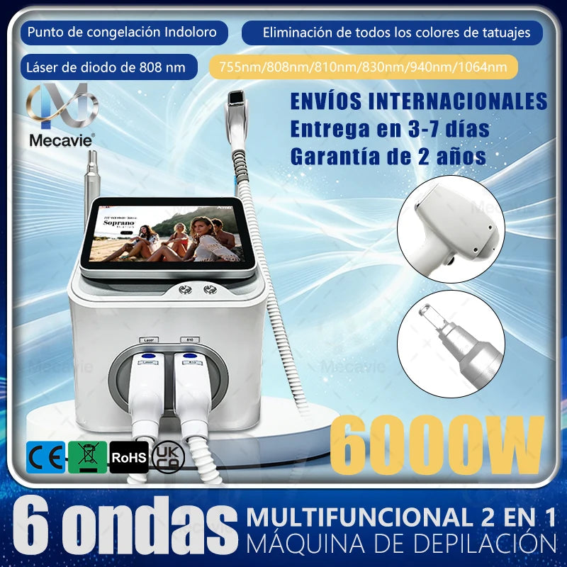 Máquina de Depilación Láser de Diodo y Láser de Picosegundos 2 en 1 808nm, Máquina de Eliminación de Tatuajes con 6 Longitudes de Onda 755 808 830 810 940 1064nm