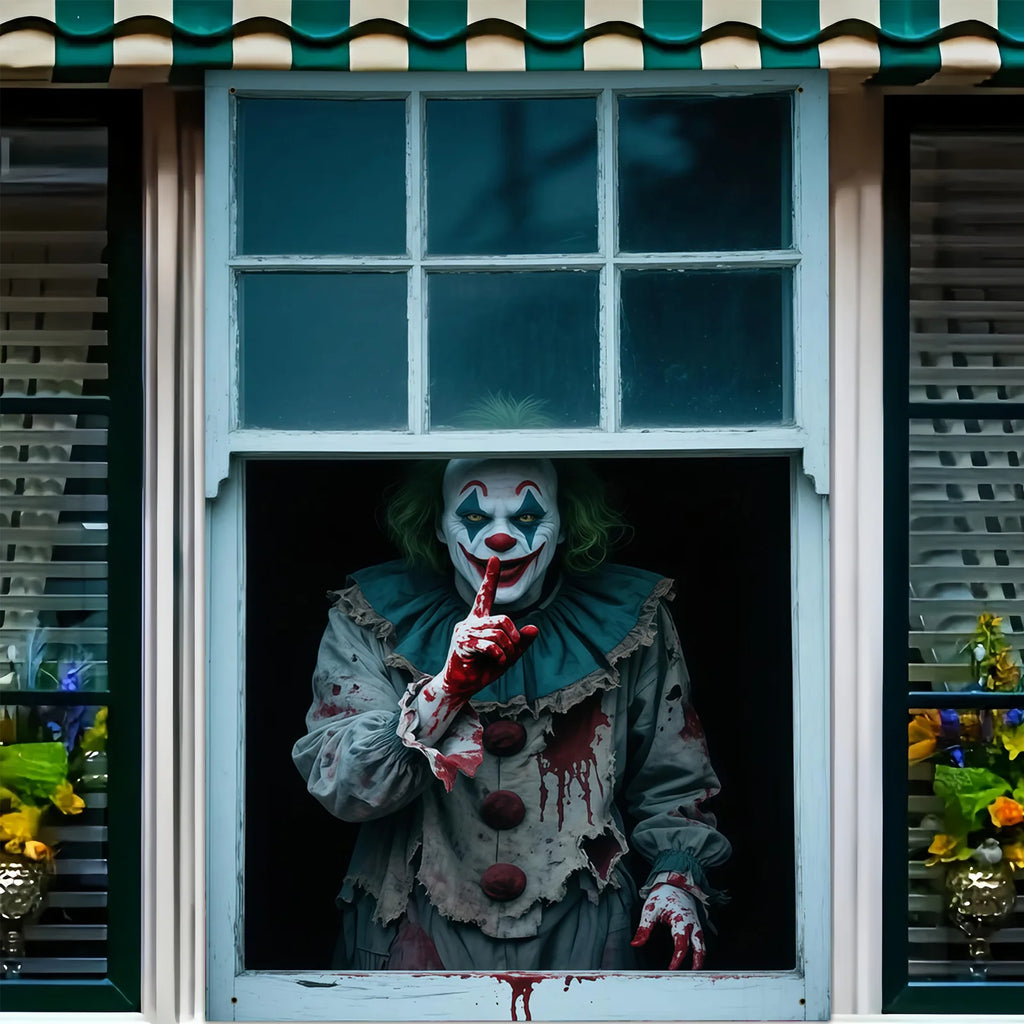 Banner plano 2D de 1 pieza para fiesta de Halloween - Diseño de payaso de carnaval de terror y sangre, decoración colgante de poliéster