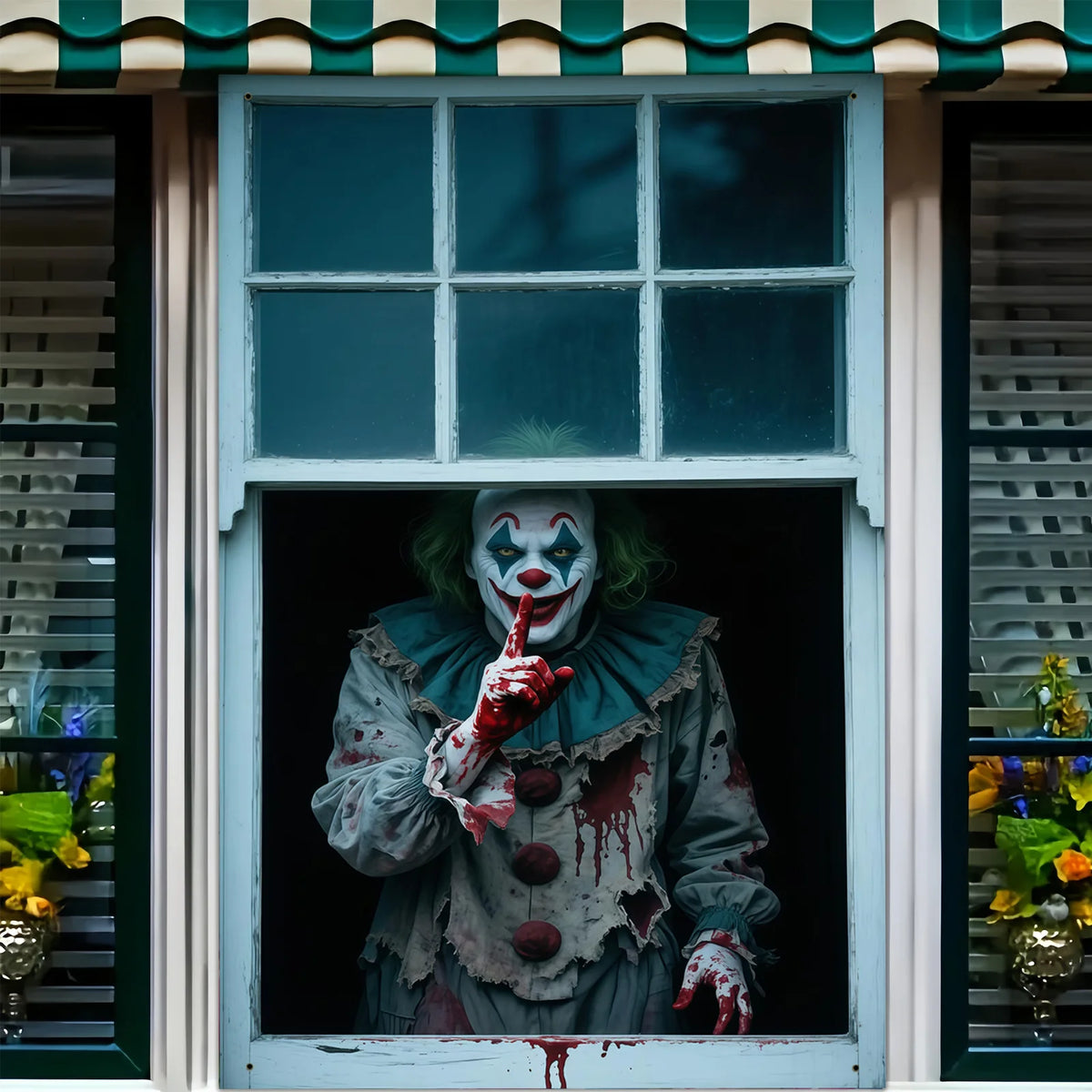 Banner plano 2D de 1 pieza para fiesta de Halloween - Diseño de payaso de carnaval de terror y sangre, decoración colgante de poliéster