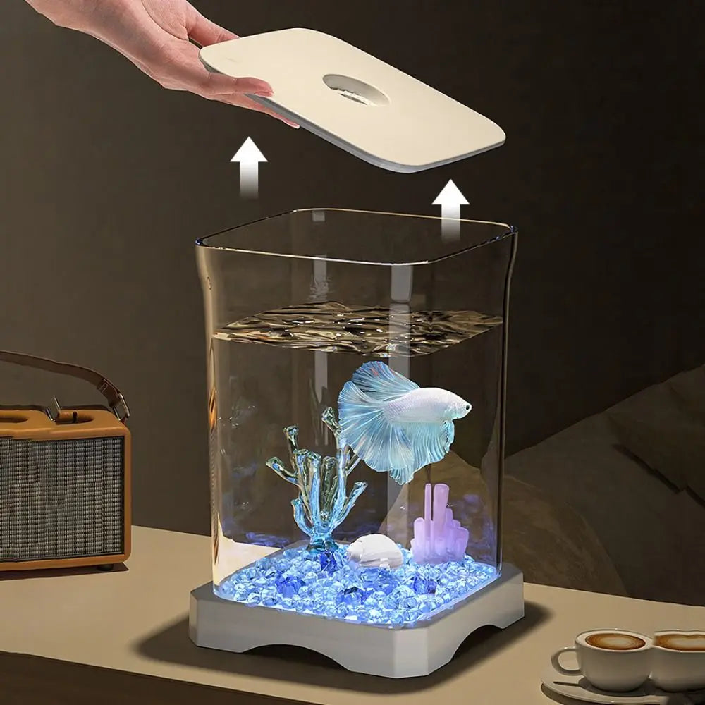 Acuario de acrílico para peces betta, pecera pequeña de alta transparencia con orificio de alimentación, pecera de paisaje extraíble