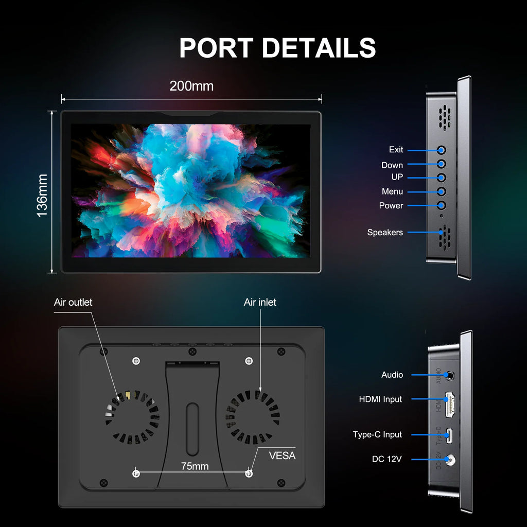 Monitor táctil Unew Premium de 8 pulgadas, 1280x800, 16:10, pantalla ancha HDMI para proyectos de bricolaje y pantalla táctil, ventiladores y altavoces integrados