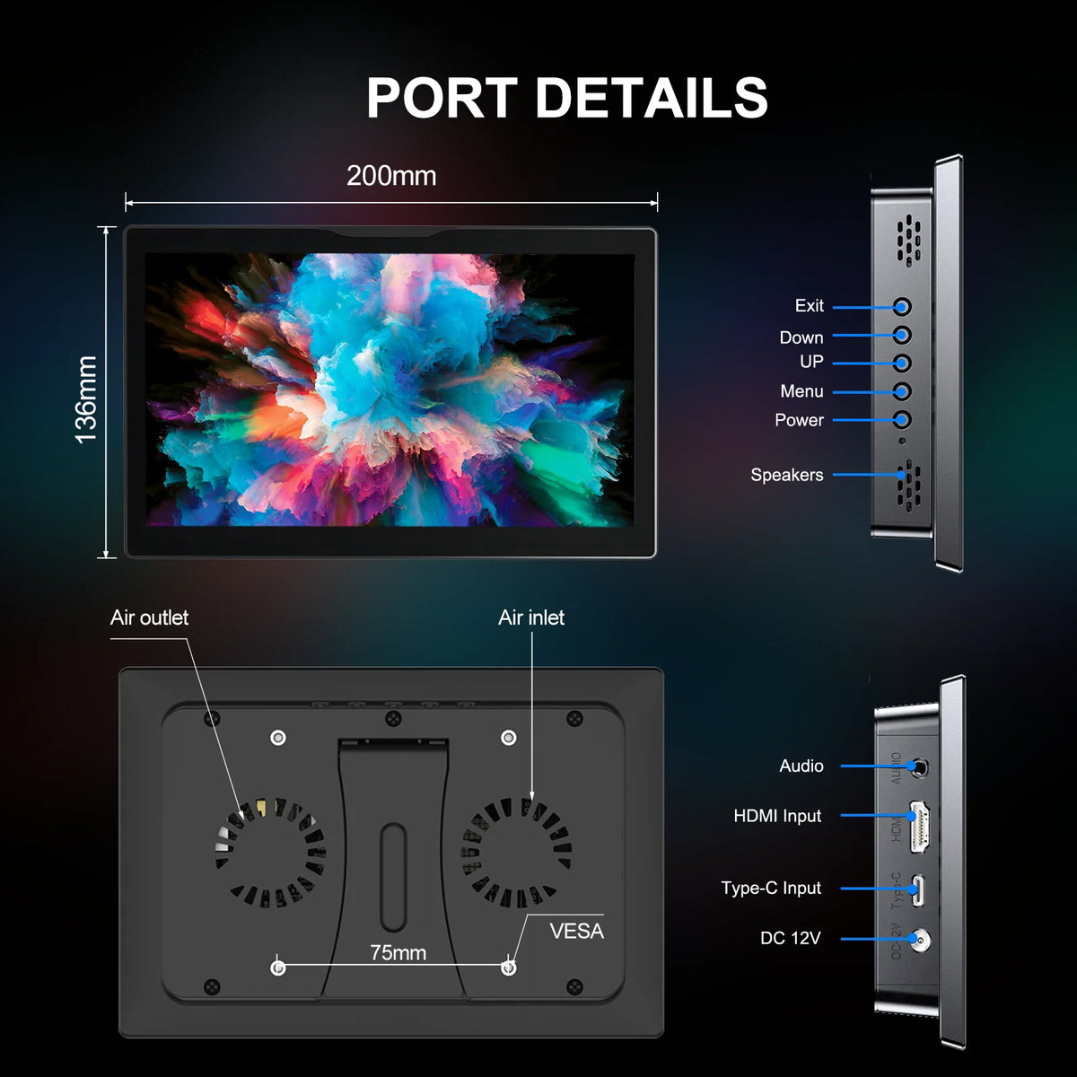 Monitor táctil Unew Premium de 8 pulgadas, 1280x800, 16:10, pantalla ancha HDMI para proyectos de bricolaje y pantalla táctil, ventiladores y altavoces integrados