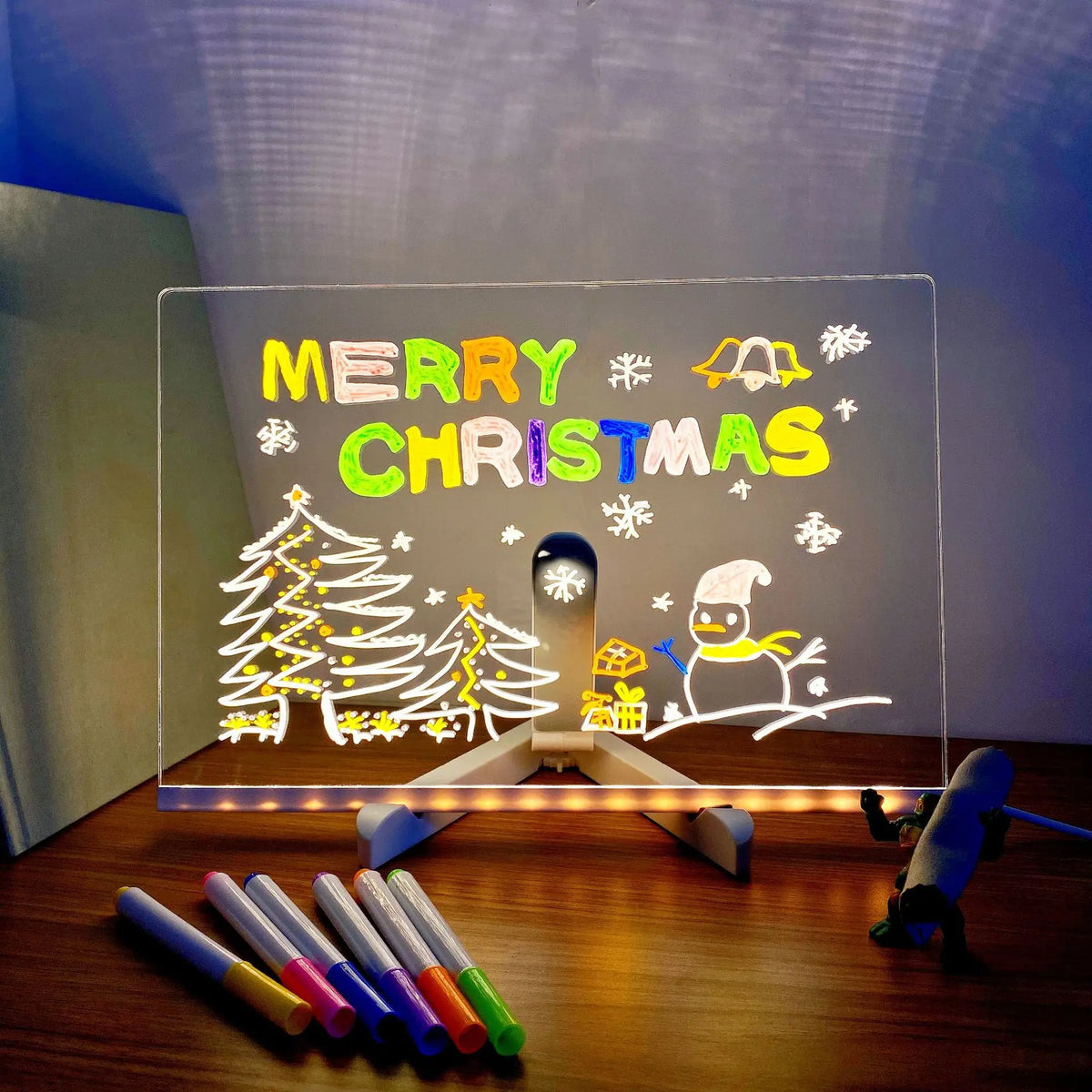 Pizarra LED de vidrio con «MERRY CHRISTMAS» y marcadores de colores