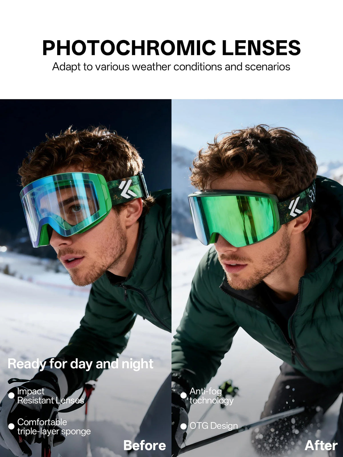 Gafas de esquí fotocromáticas Kapvoe con estuche, sistema magnético antivaho, protección UV400, para esquí, motos de nieve y actividades invernales. Gafas para hombre.