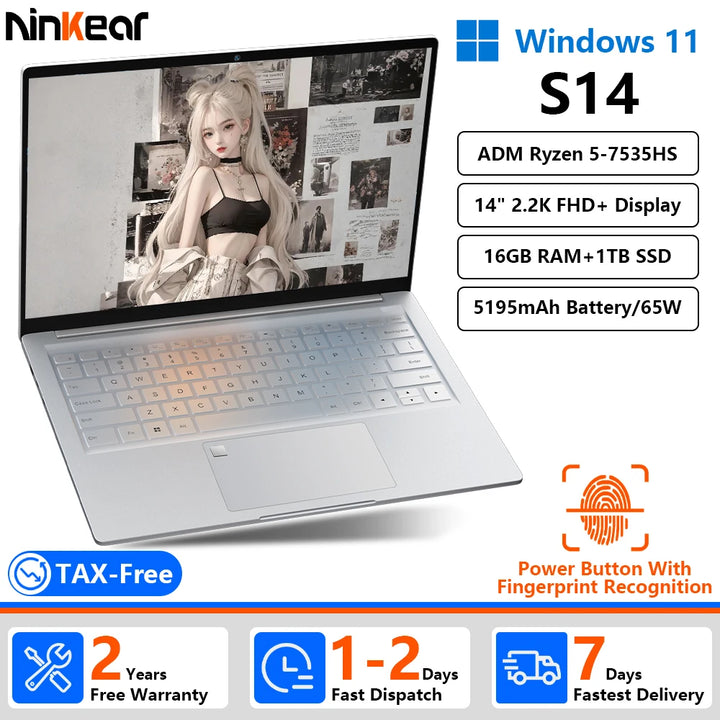 [Enviado desde Europa] Portátil Ninkear S14 AMD Ryzen 5 6600H 14" 2.2K Pantalla 100% sRGB 16GB DDR4+1TB SSD Wi-Fi 6 Bluetooth 5.2 Windows 11 Pro Batería de 60Wh Carga de 65W
