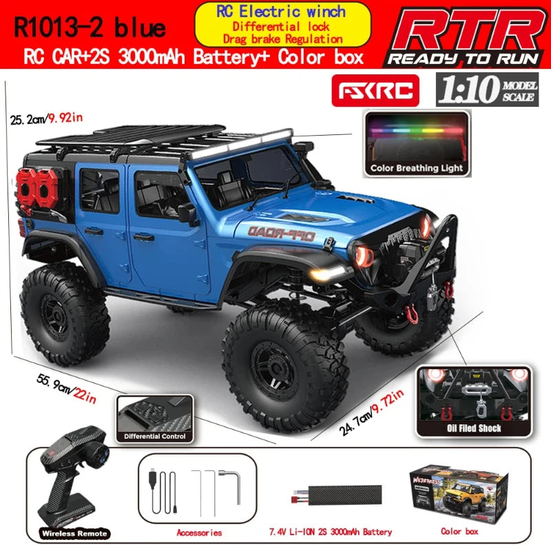 Camioneta RC todoterreno azul 1:10 con cabrestante eléctrico y llantas grandes