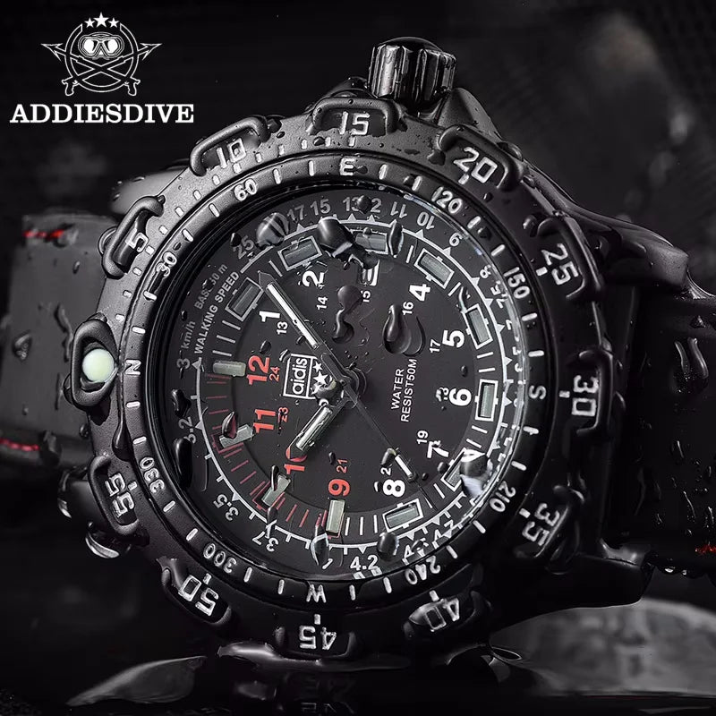 Reloj de cuarzo para hombre ADDIESDIVE para deportes al aire libre, con tubo luminoso, resistente al agua 50M, correa de silicona negra