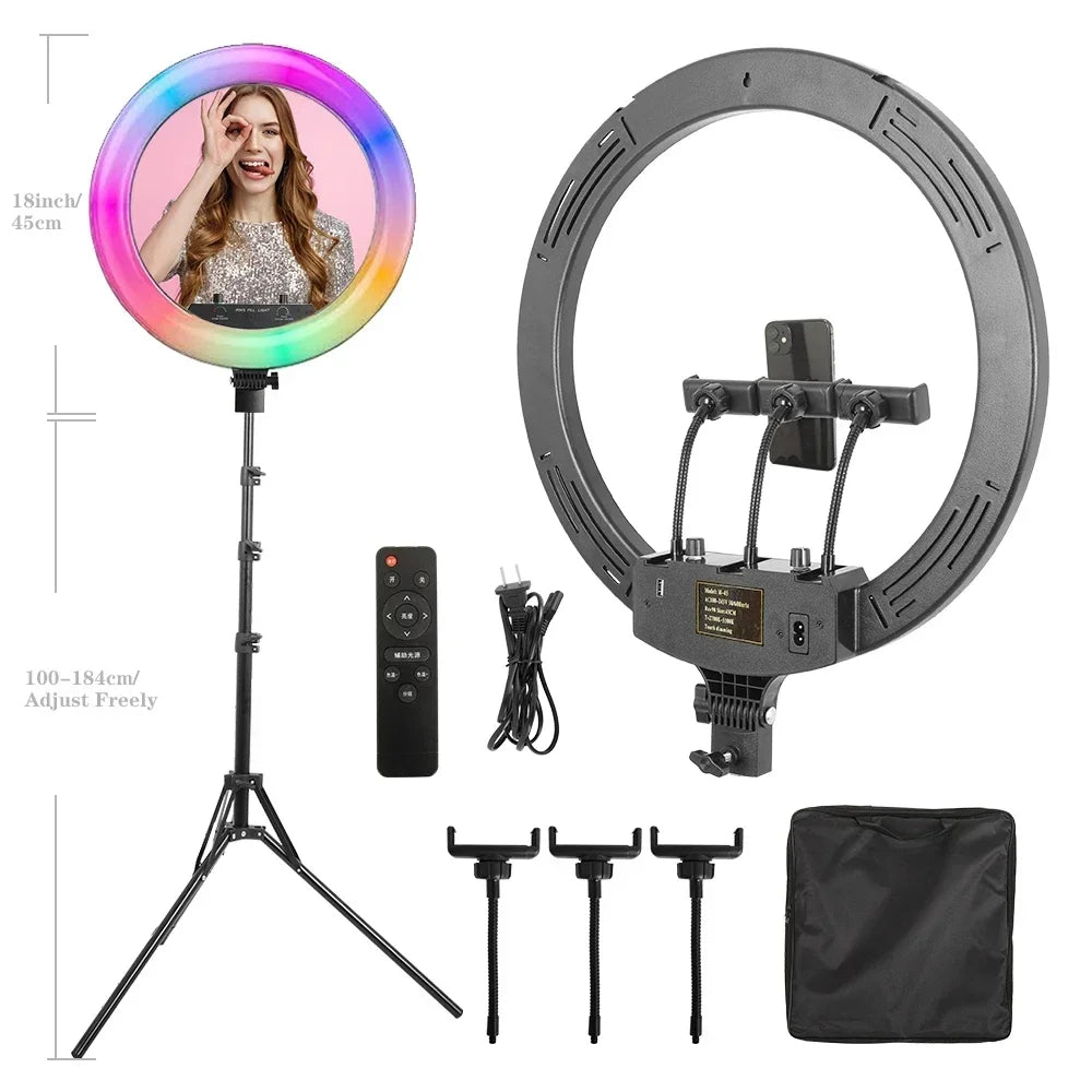 Anillo de Luz LED RGB para Selfies con Trípode, 11 Estilos, 18 Pulgadas (45 cm), Recargable por USB, Regulable, para Estudio Fotográfico