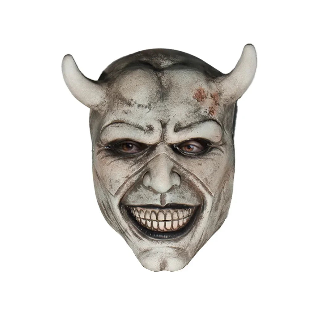 Máscara de cuerno malvado de terror The Grabber, disfraz de cosplay de The Black Phone, casco de látex de media cara aterrador, accesorios de disfraz para fiesta de Halloween y carnaval.