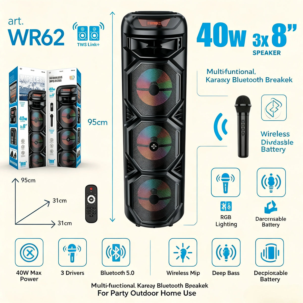 Altavoz Bluetooth Inalámbrico de 40W, Sistema de Karaoke con Bajos Profundos de 3x8 Pulgadas, Micrófono Inalámbrico, Luz RGB, Recargable, Caja de Sonido para Fiestas al Aire Libre