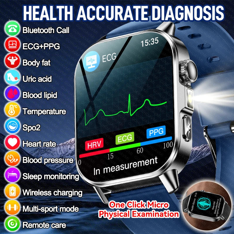 Nuevo reloj inteligente para hombres con diagnóstico de salud preciso ECG, presión arterial, oxígeno en sangre, grasa en sangre, ácido úrico, temperatura y llamadas Bluetooth