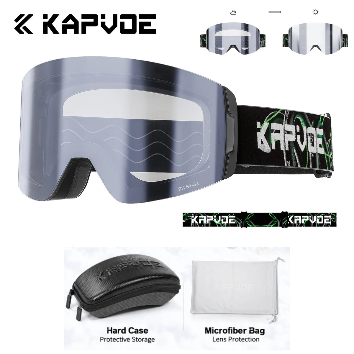 Gafas de esquí fotocromáticas Kapvoe con estuche, sistema magnético antivaho, protección UV400, para esquí, motos de nieve y actividades invernales. Gafas para hombre.