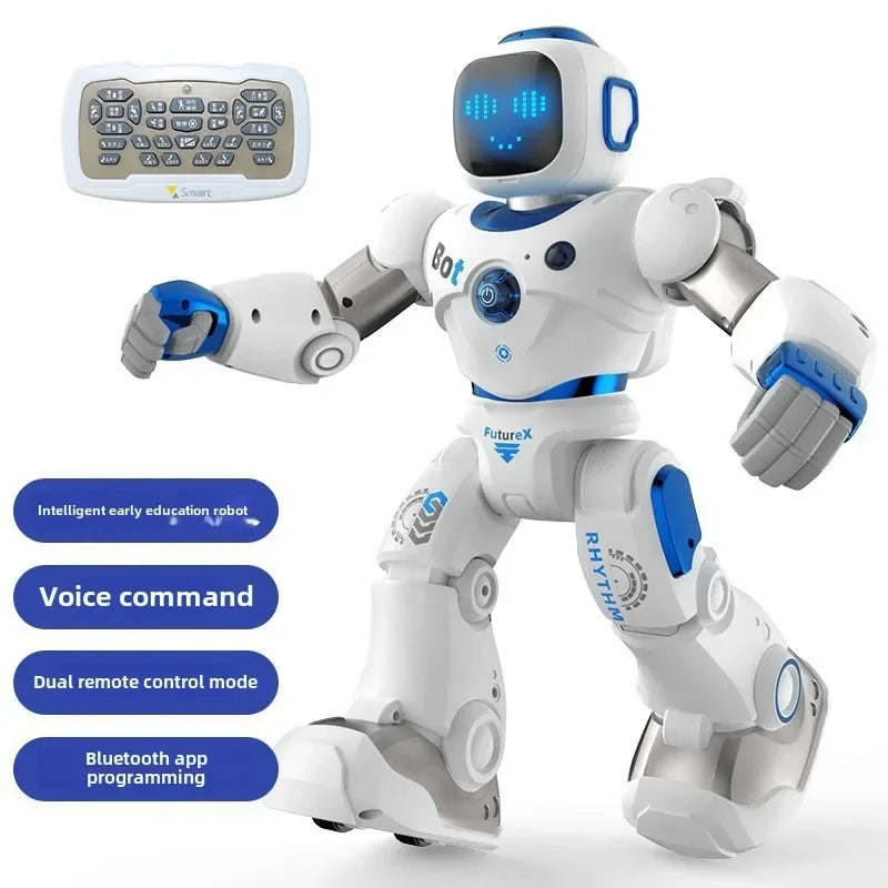 Robot educativo blanco y azul con pantalla luminosa y control remoto tipo teclado
