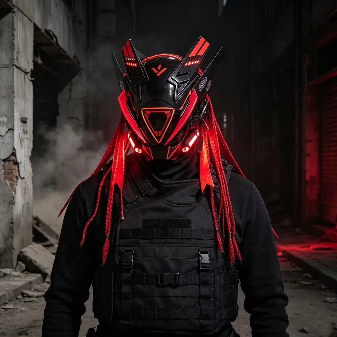 Cyberpunk máscara futurista Techwear, decoración de casco de Cosplay de Halloween con trenza ligera y sucia, Caballero de estilo guerrero japonés Sty