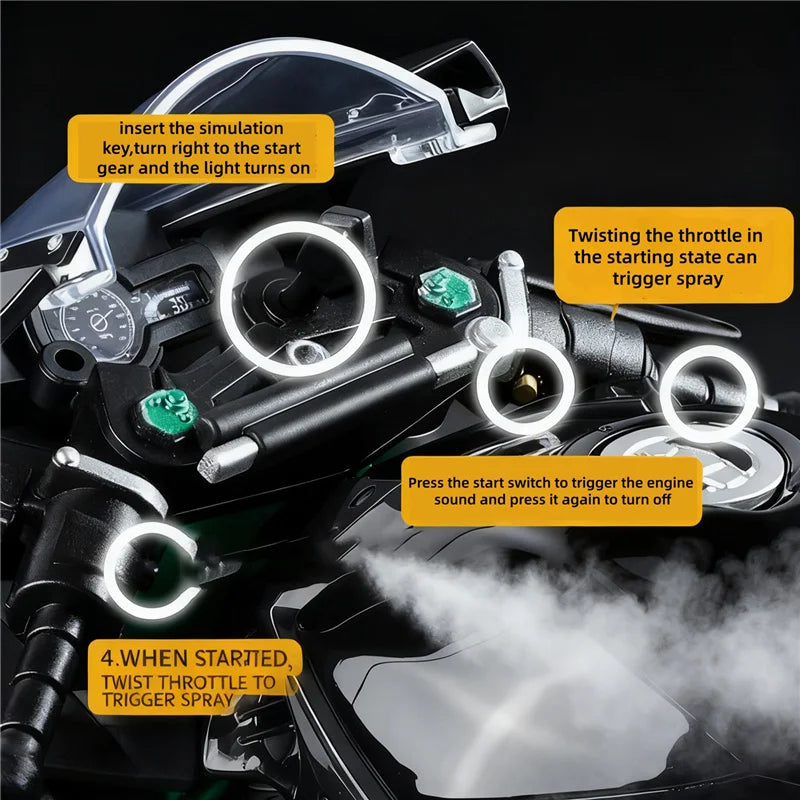 Key Control 1:9 H2 H2R Aleación Carreras Motocicleta Modelo Diecast Juguete Pista Deportes Motocicleta Modelo Sonido Luz Con Spray Regalo para Niños