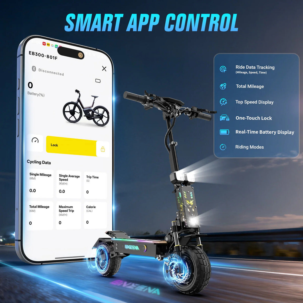 Patinete eléctrico con neumáticos todoterreno y luz azul, control de la app nocturna