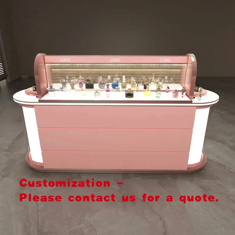 Vitrina de pared moderna de lujo con iluminación LED y estantes de vidrio para exhibición de cosméticos y perfumes