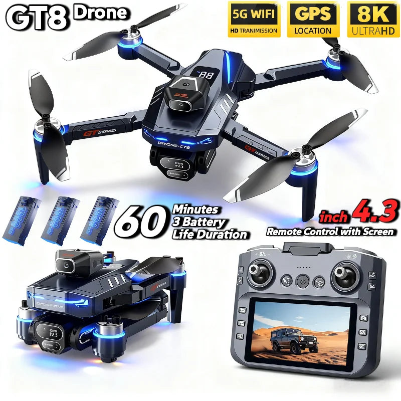 Para Dron GT8 Genuino 4K Profesional Doble Cámara FPV GPS Motor sin escobillas Flujo óptico Suspensión Plegable Quadcopter 4k 8K RC Dron