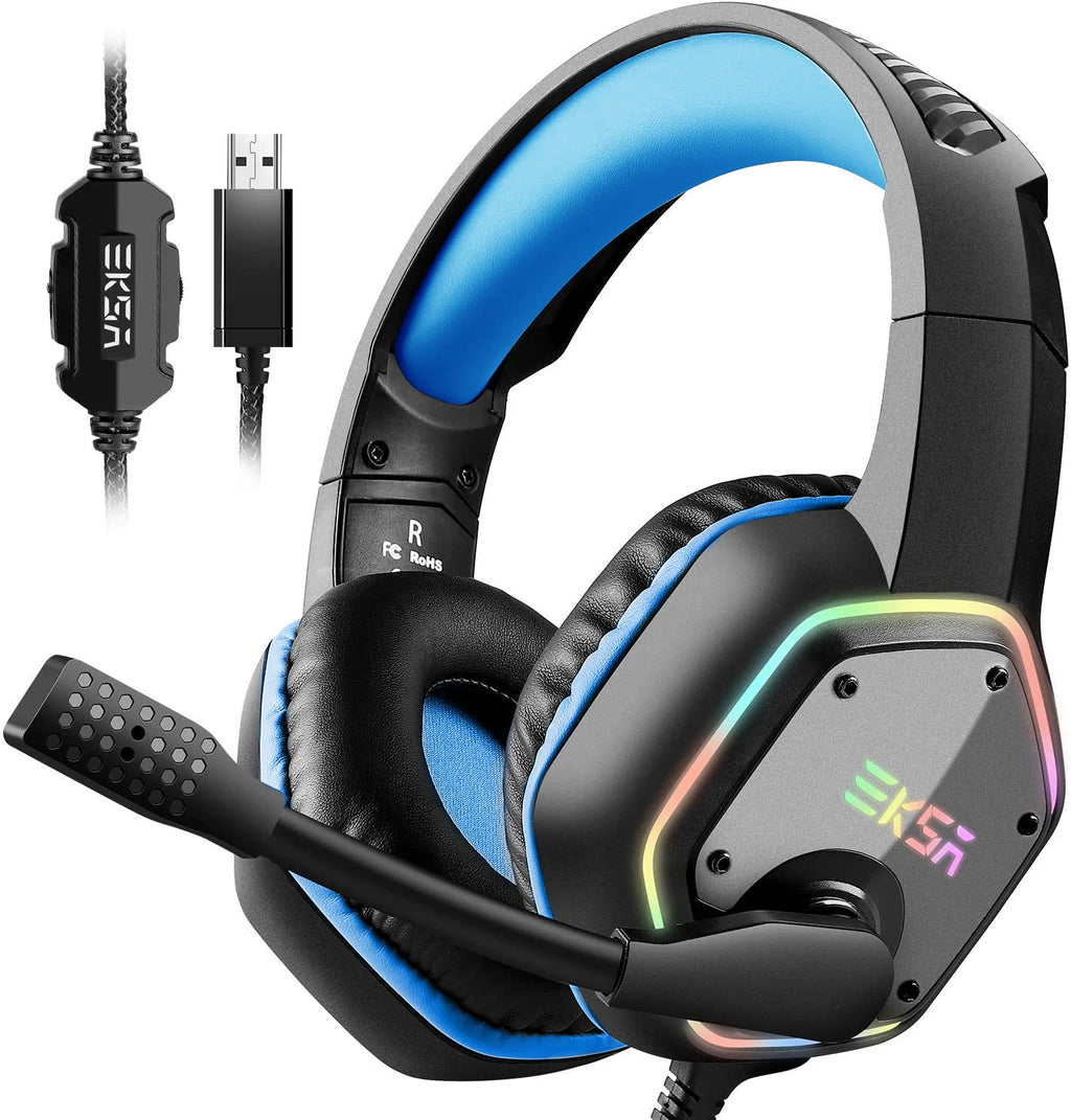 Audífonos gaming con diadema negra y aro azul, micrófono con luz RGB