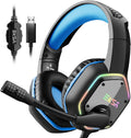 Audífonos gaming con diadema negra y aro azul, micrófono con luz RGB
