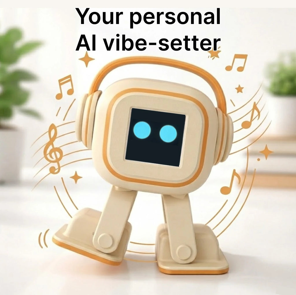Robot de escritorio crema con auriculares, pantalla con dos luces azules, de pie sobre base.