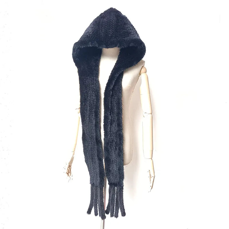 HSPL-Sombrero de piel de visón con bufanda para niña, gorro para invierno, color café, Color negro, 2021