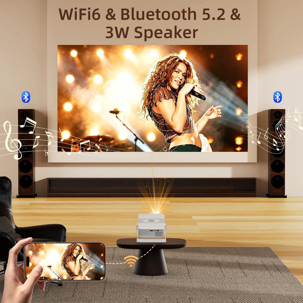 Proyector mini blanco con lente frontal y base negra, acompañado de teléfono.