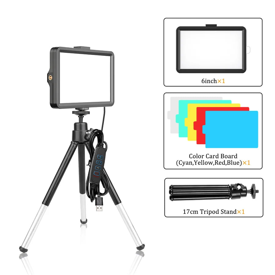 Panel de luz LED de 6 pulgadas para fotografía y video, kit de iluminación para estudio fotográfico con trípode, filtros RGB para grabación y transmisión en vivo.