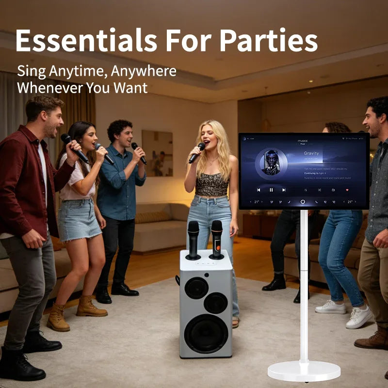 Televisor inteligente portátil con pantalla táctil, soporte giratorio y base móvil, ideal para el hogar, la oficina, la cocina o para usar en exteriores, con función de videollamada. Disponible en inventario en la Unión