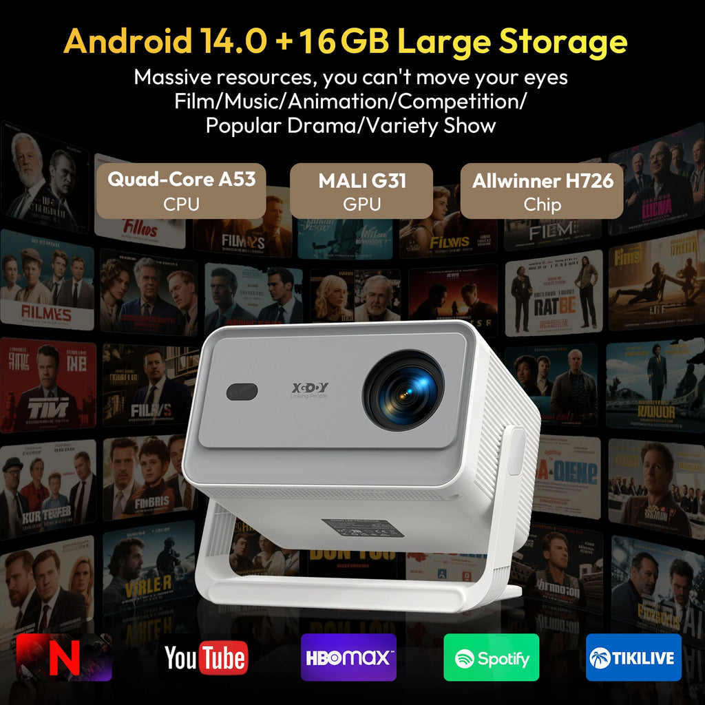 Proyector XGODY blanco con lente azul sobre soporte, con Android 14 y 16 GB
