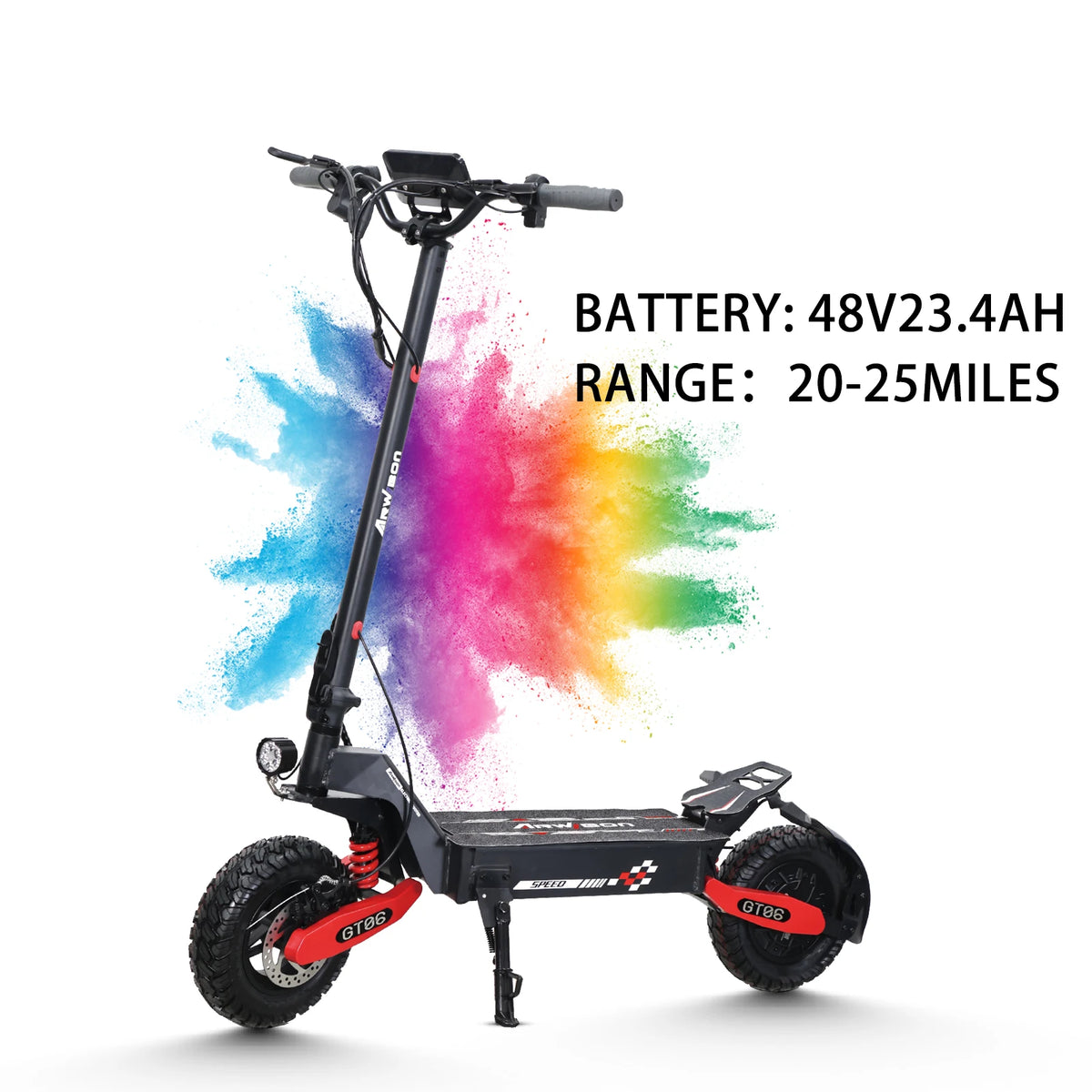 Patinete eléctrico negro con batería 48V23.4Ah y salpicadura de color