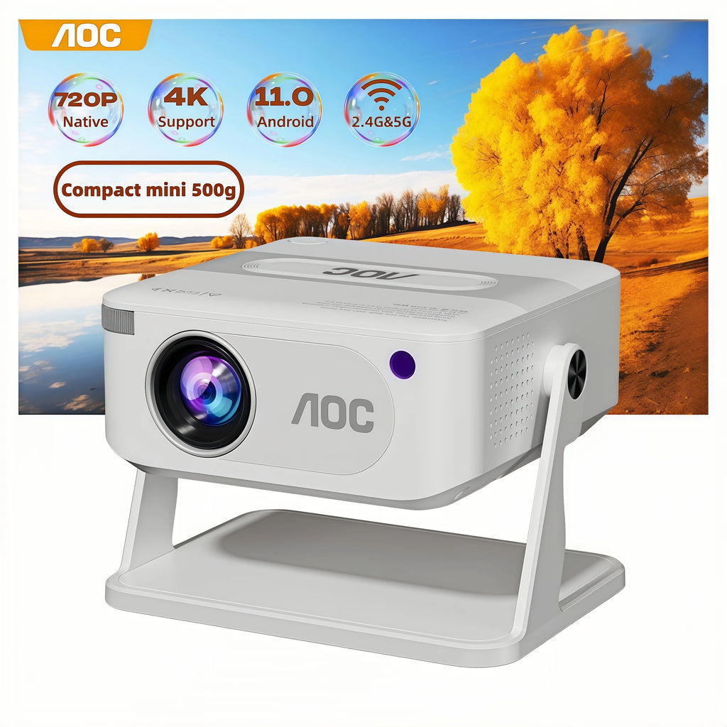 Proyector mini AOC HA109-PRO blanco con lente frontal y base plegable.