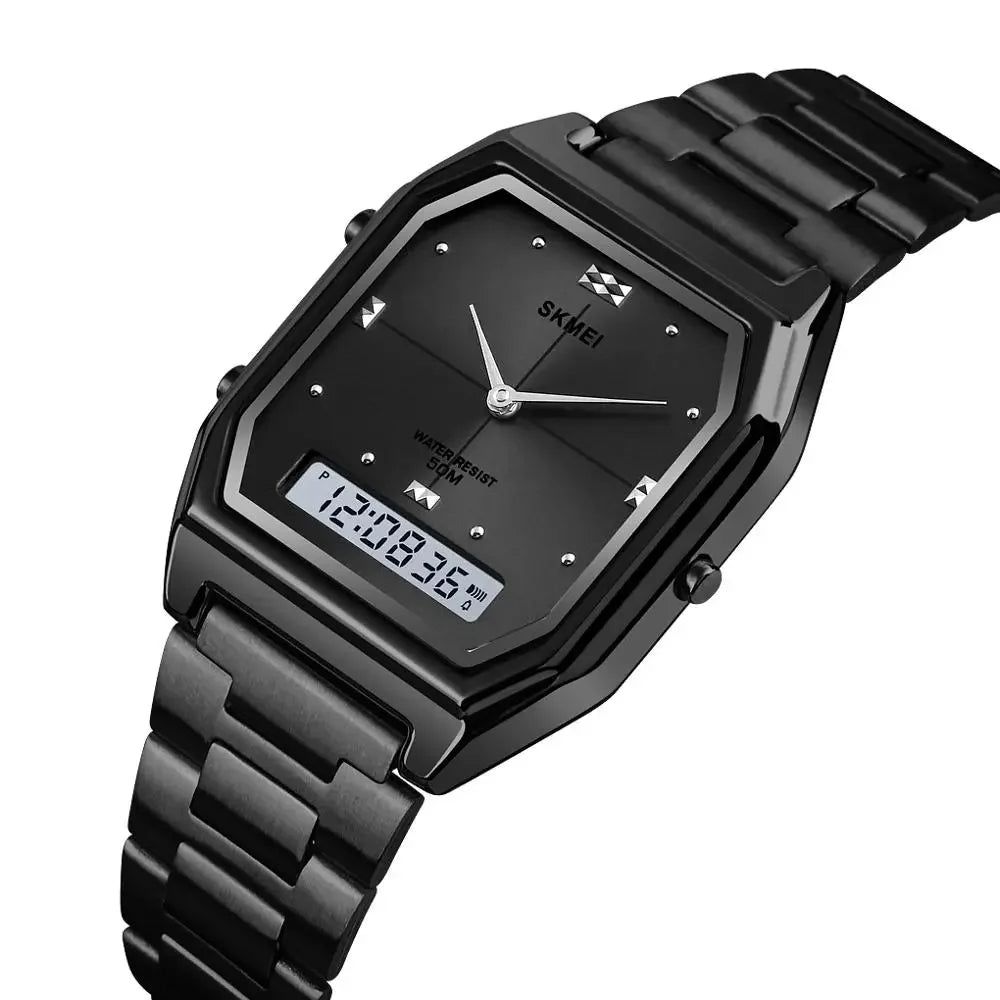 SKMEI Luxury Quartz Watch for Woman Square Steel Waterproof Double Time Sport Leisure Digital Girl Wristwatches Women Clock 1612