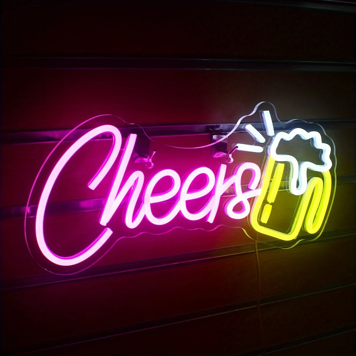 Cartel de neón LED con texto Cheers y cerveza; luces rosa, verde y amarillo