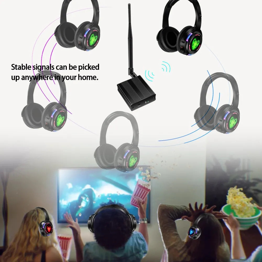 El mejor sistema de auriculares para discoteca silencioso, auriculares LED intermitentes con transmisor de 3 canales y 500M, inalámbrico RF para iPod, MP3, DJ y música