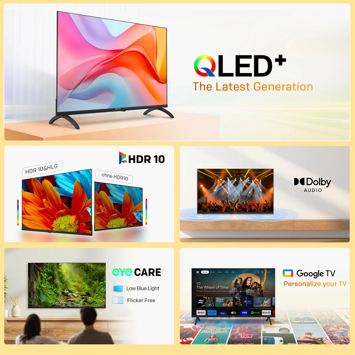 Televisor Coocaa 40" Full HD QLED – Google Cast integrado, 60Hz, HDR10 y HLG, Dolby Audio, Bluetooth 5.1, tecnología Qyocare 5.0 anti luz azul, sin parpadeo, 2 puertos HDMI y 2 puertos USB, brillo de 200 cd/m², relación de contraste 5000:1